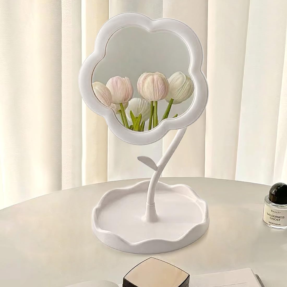 Aesthetic Flower Desk Mirror with Makeup Organizer Tray