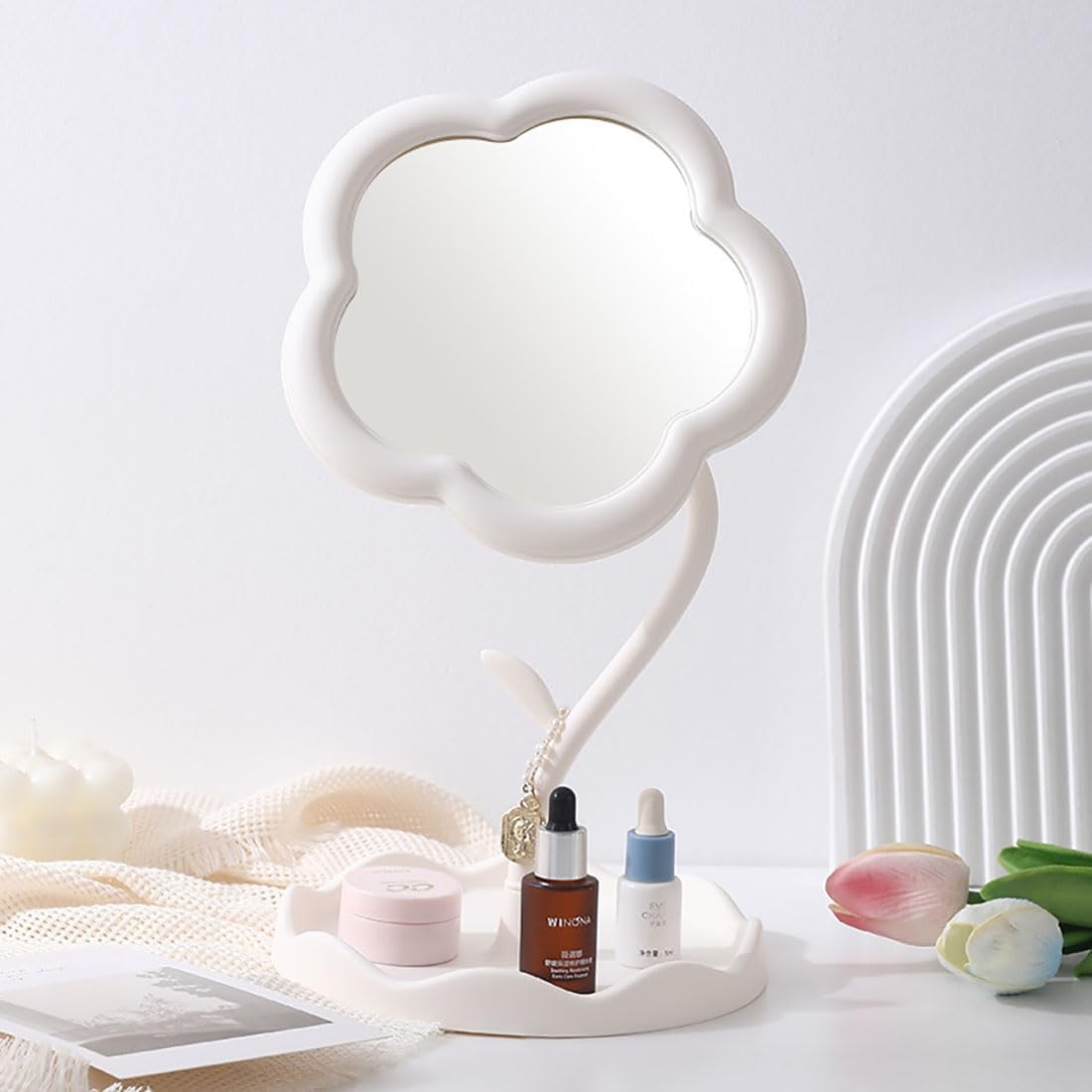 Aesthetic Flower Desk Mirror with Makeup Organizer Tray