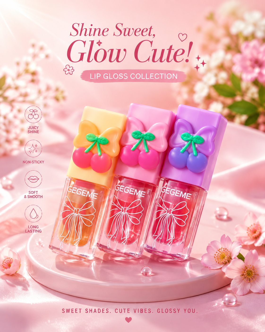 Cute Cherry & Bow Charm Mini Lip Gloss – Juicy High-Shine Lip Gloss