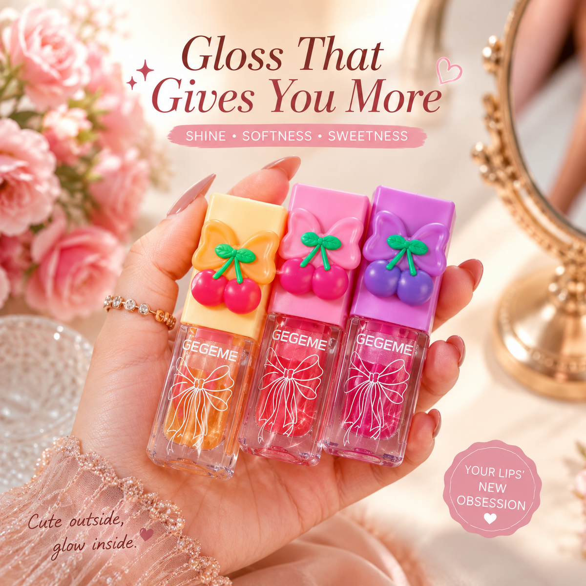 Cute Cherry & Bow Charm Mini Lip Gloss – Juicy High-Shine Lip Gloss