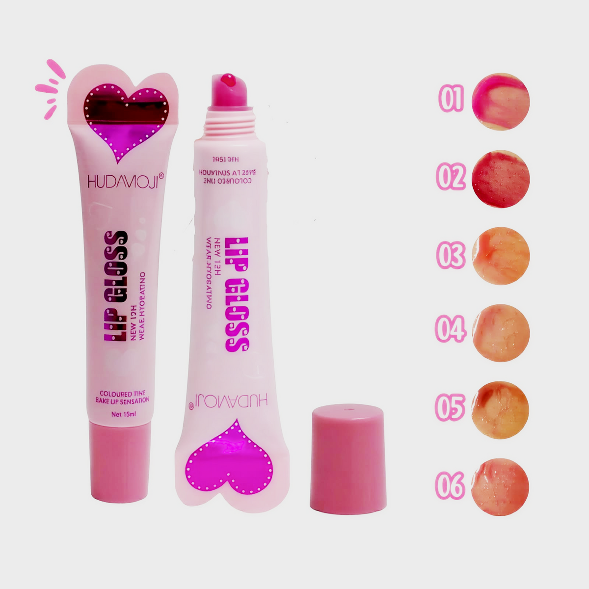 Hudamoji Heart-Top Squeeze Lip Gloss & Tint – Hydrating Juicy Lip Gloss